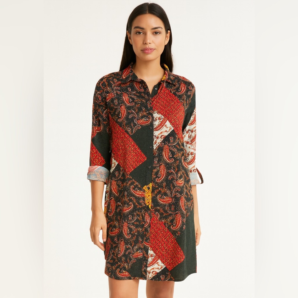Lefties M Patchwork Paisley Shirt Dress Long Sleeve